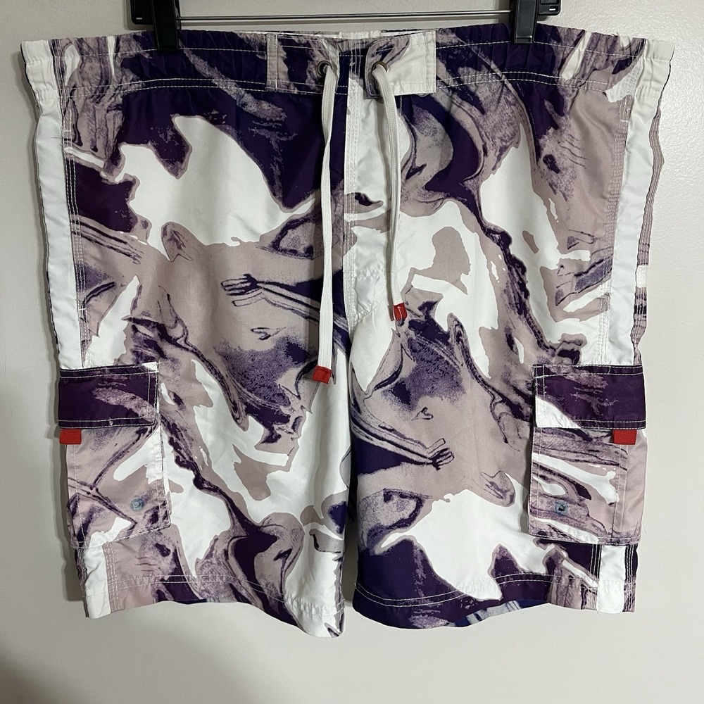 Sakkas Men's Purple & White Lined‎ Swim Trunks Board Shorts Size Large Beach